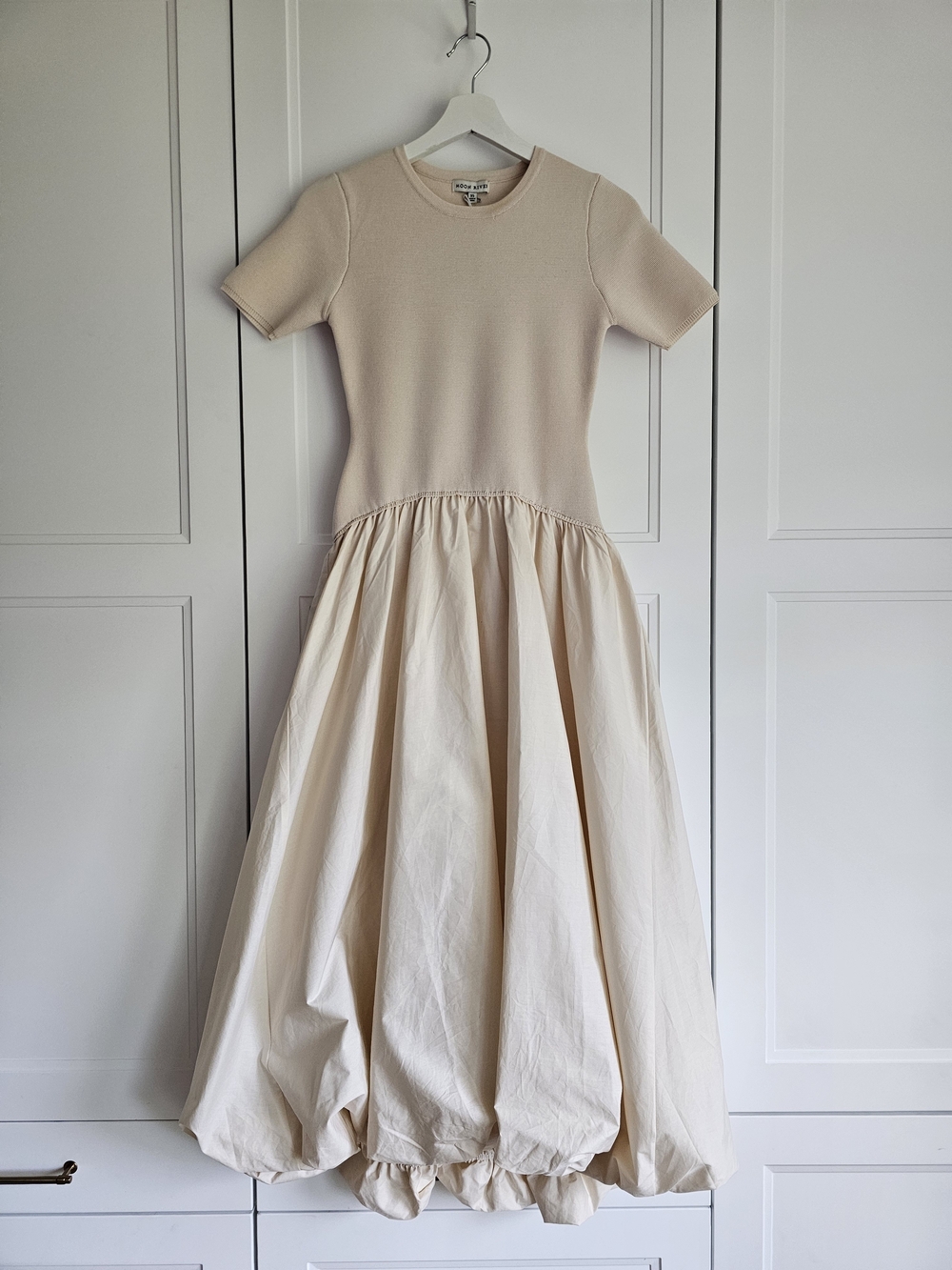 Moon River Cream Short-Sleeve Scuba Balloon-Hem Formal Puff Dress NWT $250